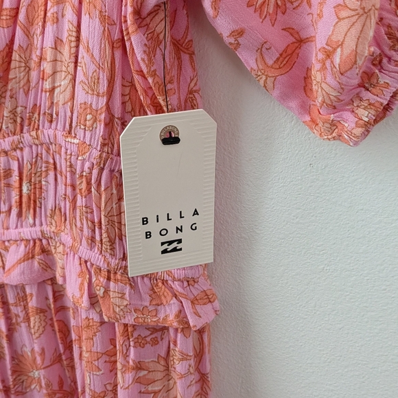 ❤️ Billabong Sweet On You Maxi Dress Pink And Orange Flowy Dress Puff Sleeves - Picture 4 of 8